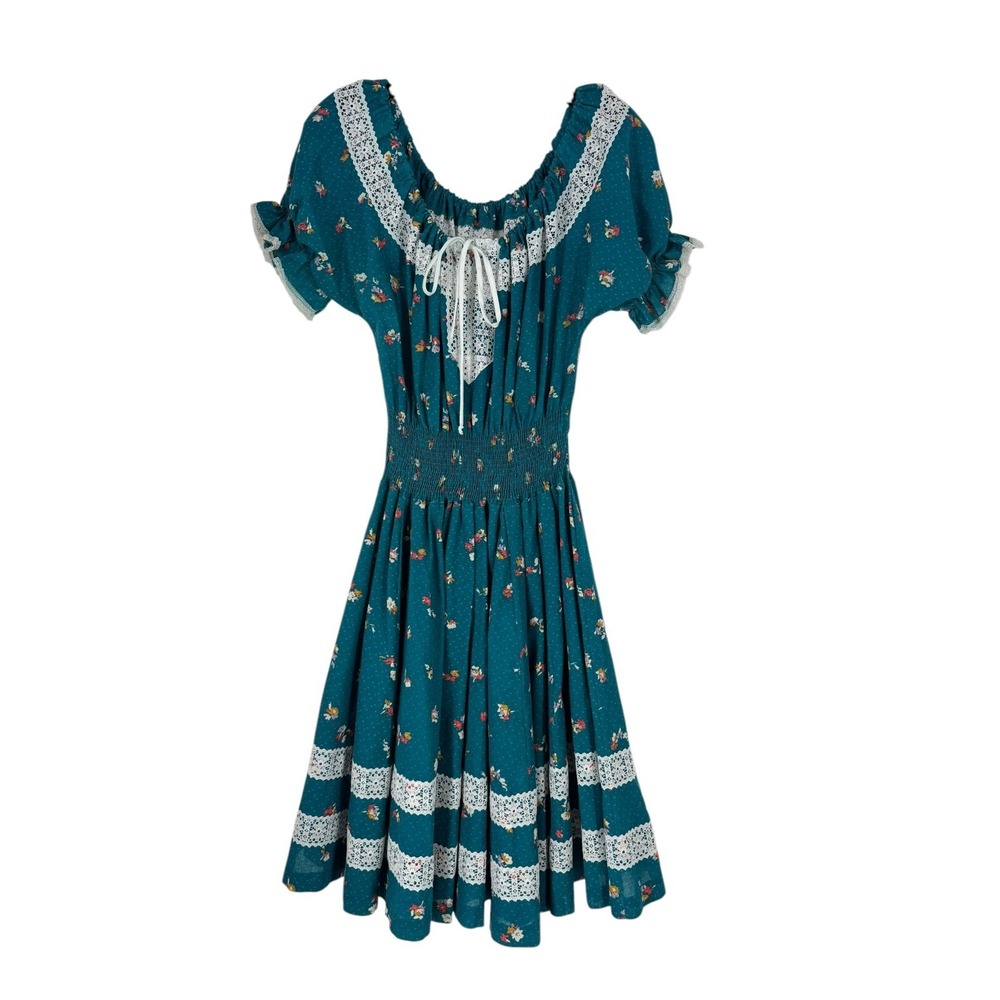 Partners Please Vintage Green Floral Puff Sleeve Lace Pleated Skirt Dress XS